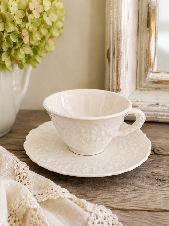 Steubenville Other - Steubenville Rose Point Tea Cup & Saucer Set White Embossed Floral Vintage